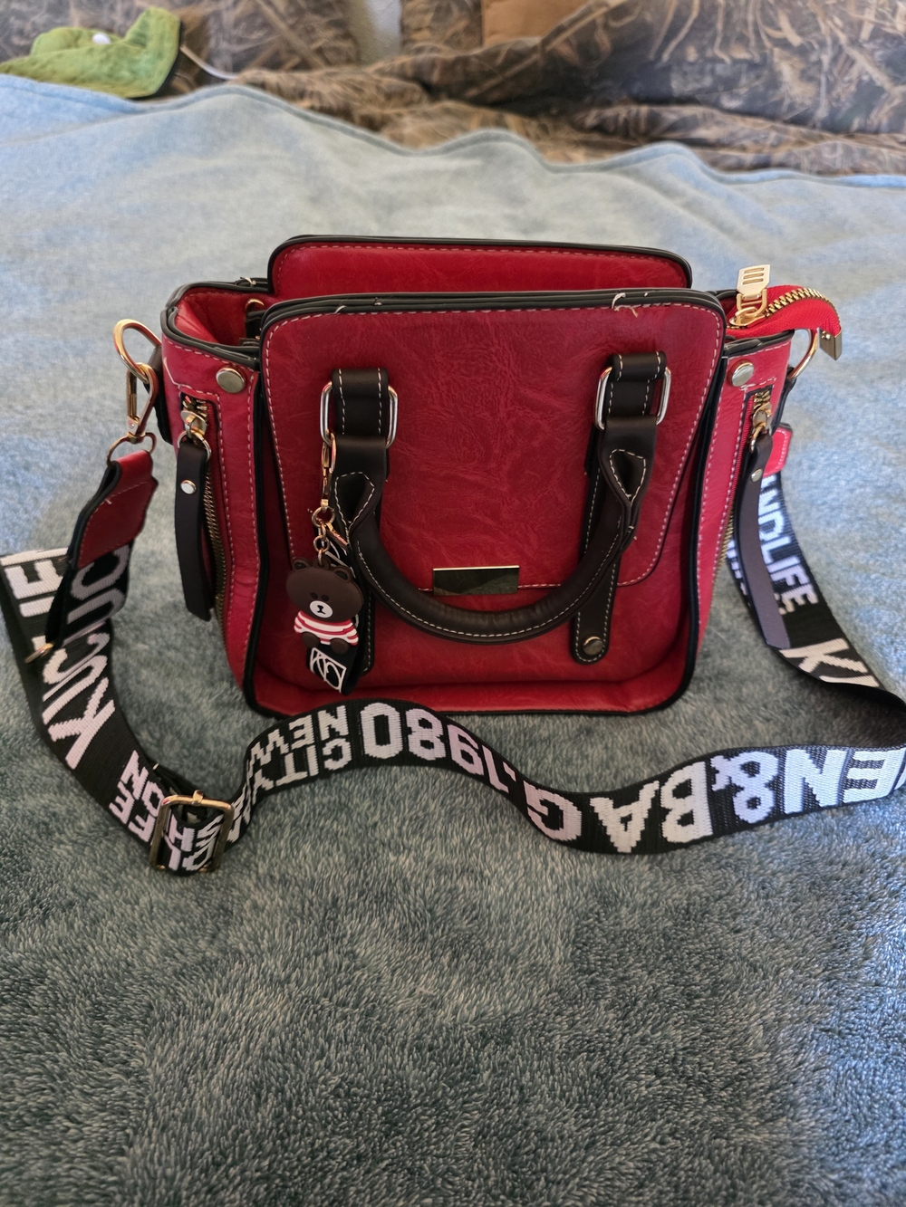 Red Crossbody Satchel with Branded-Style Strap